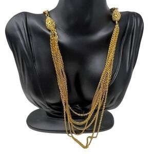 Multi Chain‎ Necklace Gold Tone with Two Filigree Beads